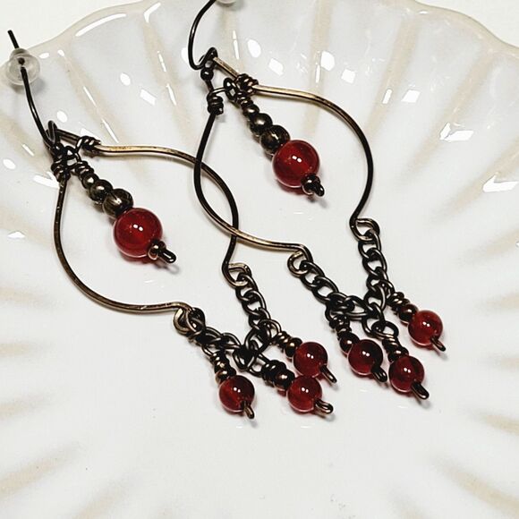 boho earrings 025#mfs Carnelian gemstone earrings fringe drop earrings hand wrap - Picture 2 of 6